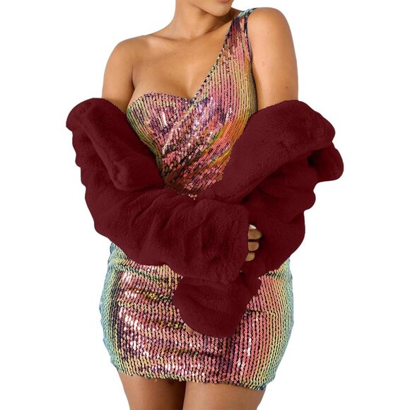 Women's Winter Faux Fur Long Sleeve Jacket Shaggy Open Front Cardigan Wine Red - Picture 4 of 7